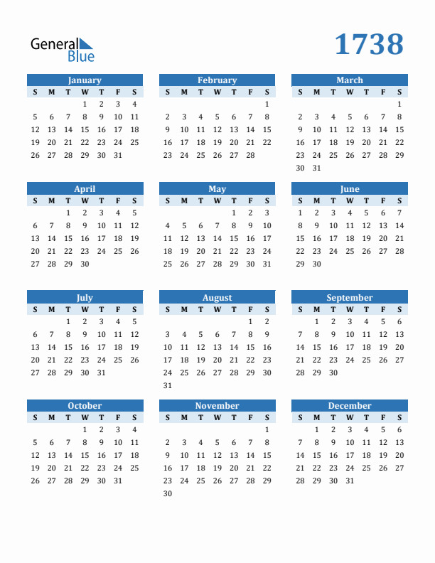 1738 Year Calendar with Sunday Start