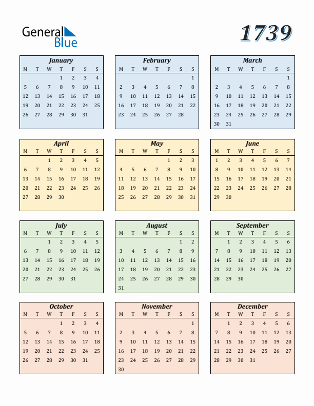 Calendar for 1739 (Monday Start)