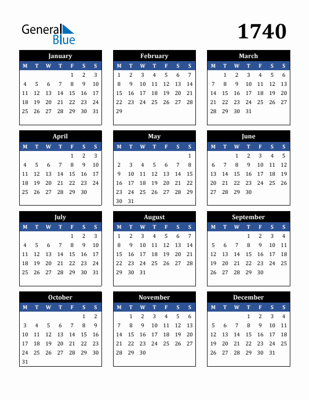 Editable Calendar 1740 - Monday Start