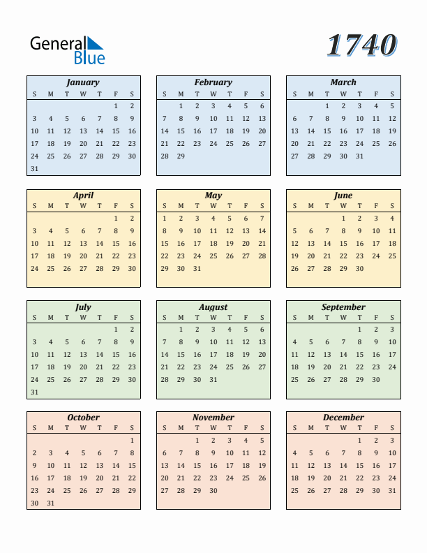 Calendar for 1740 (Sunday Start)
