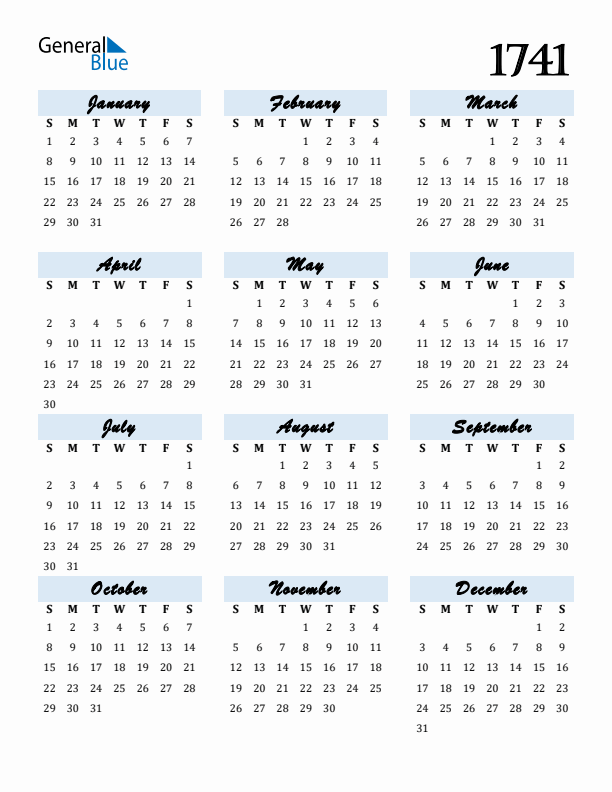 Calendar 1741 Free Download and Print