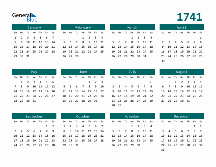 Downloadable 1741 Calendar