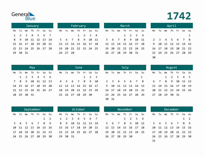 Downloadable 1742 Calendar