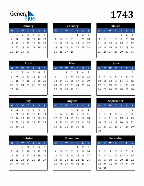 Editable Calendar 1743 - Monday Start