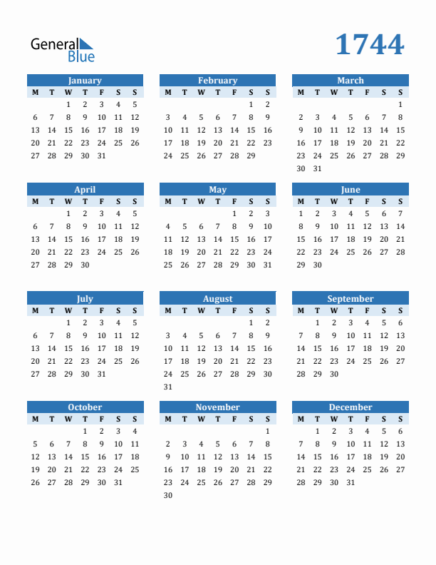 1744 Year Calendar with Monday Start
