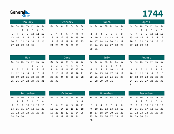 Downloadable 1744 Calendar