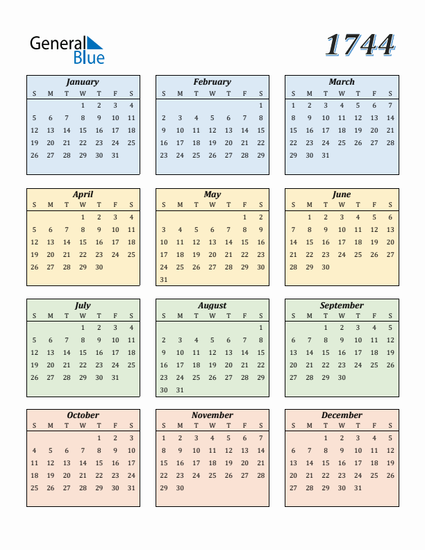Calendar for 1744 (Sunday Start)