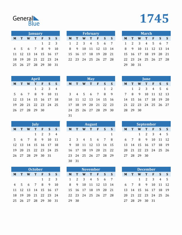 1745 Year Calendar with Monday Start