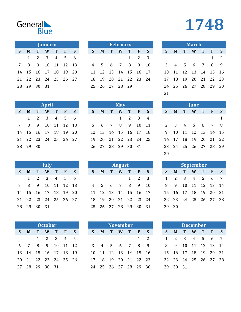 1748 Calendar (PDF, Word, Excel)