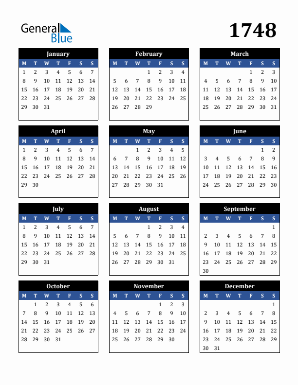 Editable Calendar 1748 - Monday Start