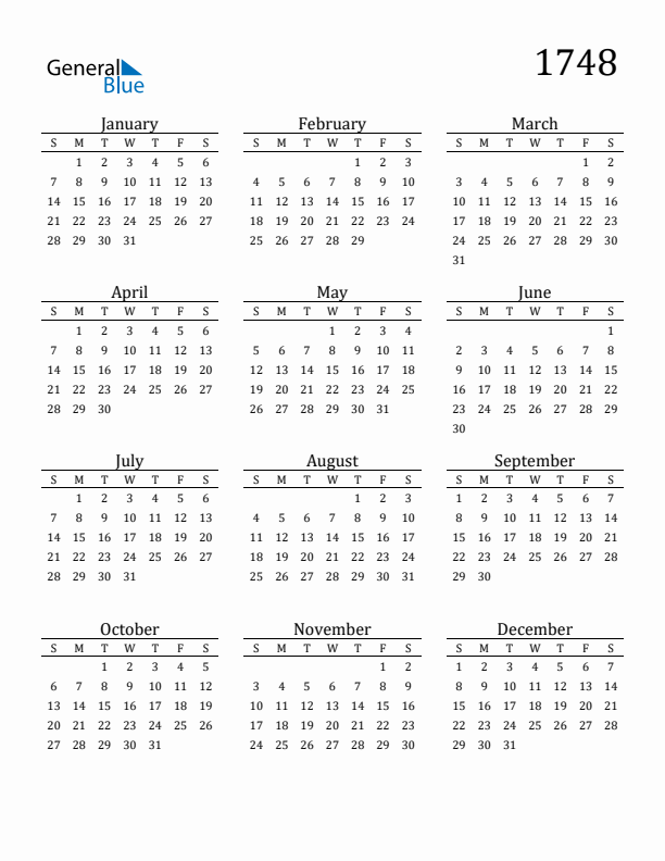 Free Printable Calendar 1748 with Sunday Start