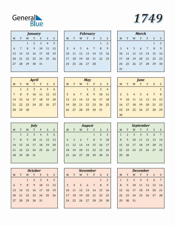 Calendar for 1749 (Monday Start)