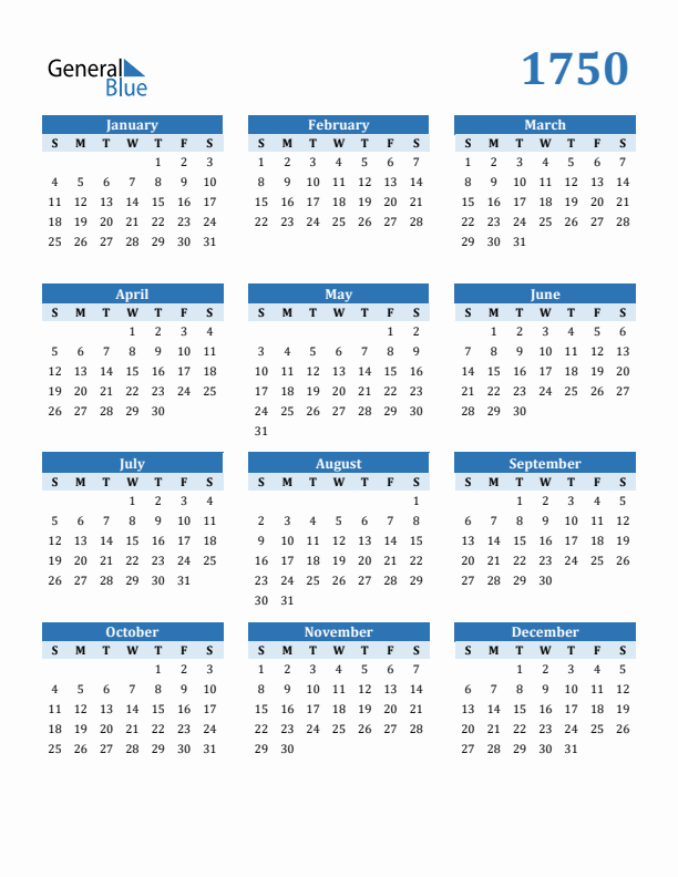 1750 Year Calendar with Sunday Start