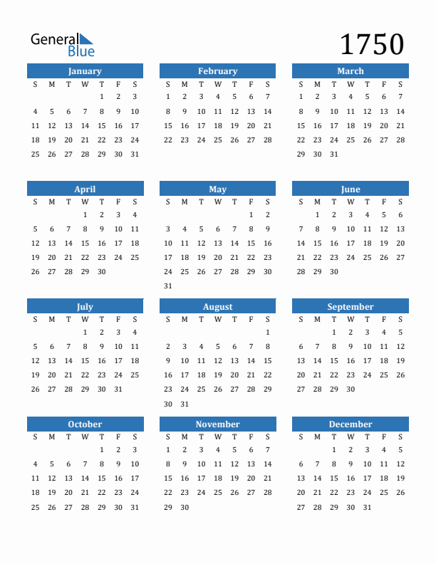 1750 Calendar