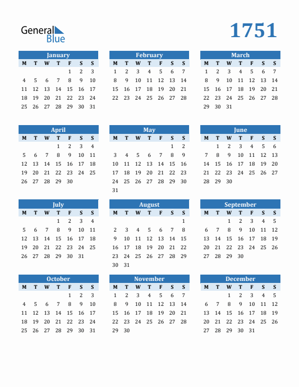 1751 Year Calendar with Monday Start