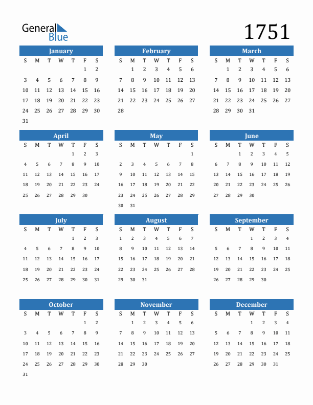 1751 Calendar (PDF, Word, Excel)