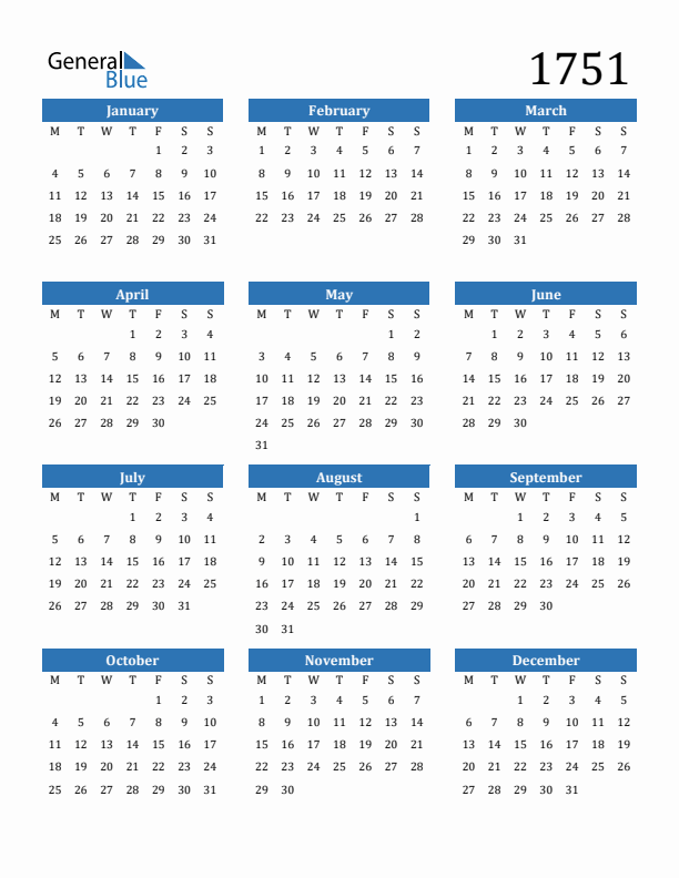 1751 Calendar