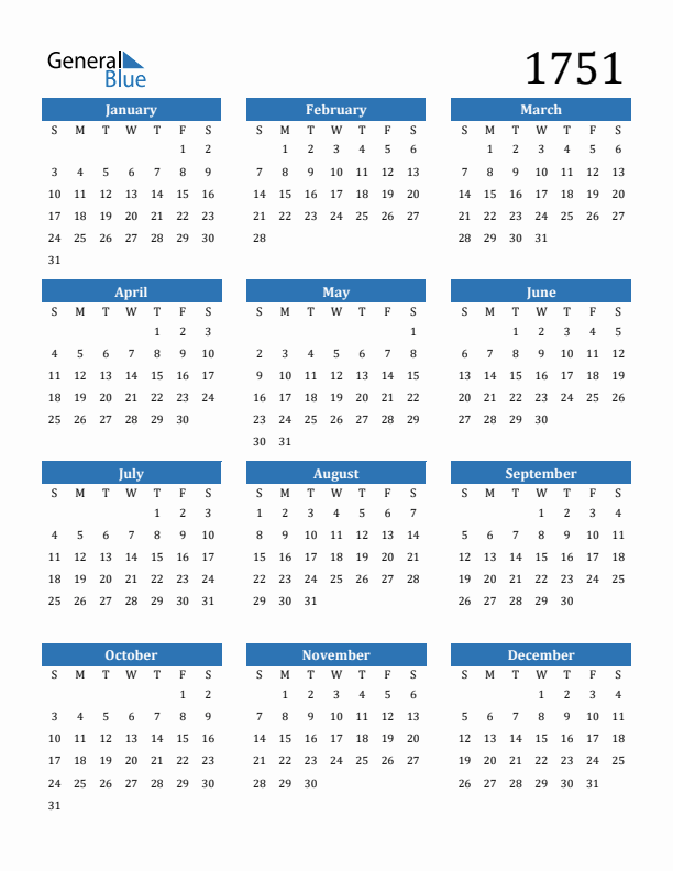 1751 Calendar