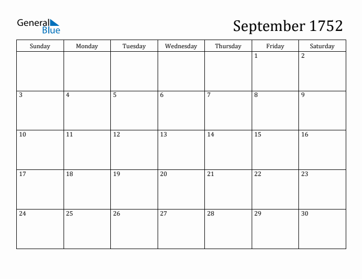 September 1752 Monthly Calendar (PDF, Word, Excel)