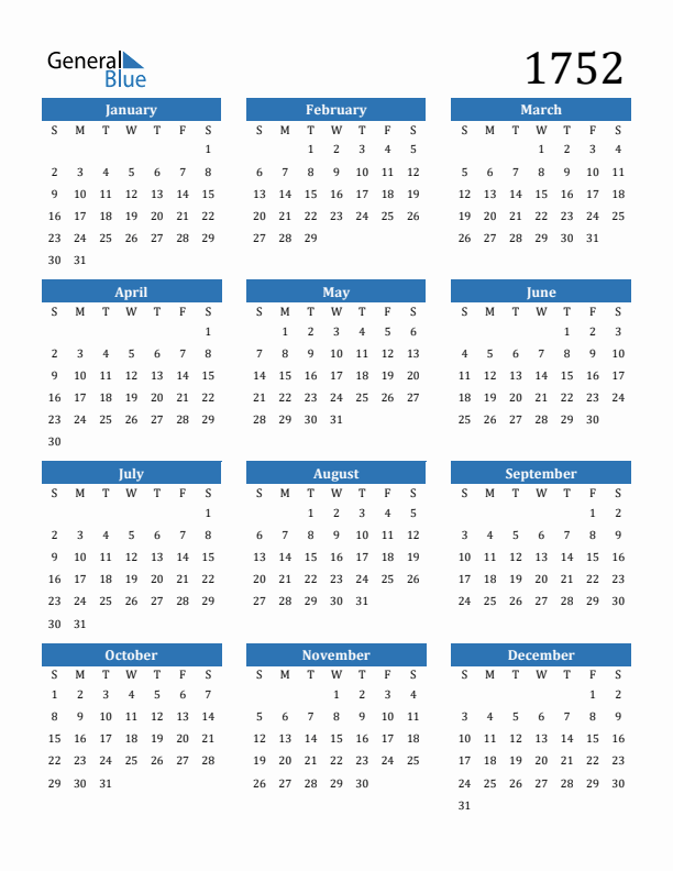 Free 1752 Calendars in PDF, Word, Excel
