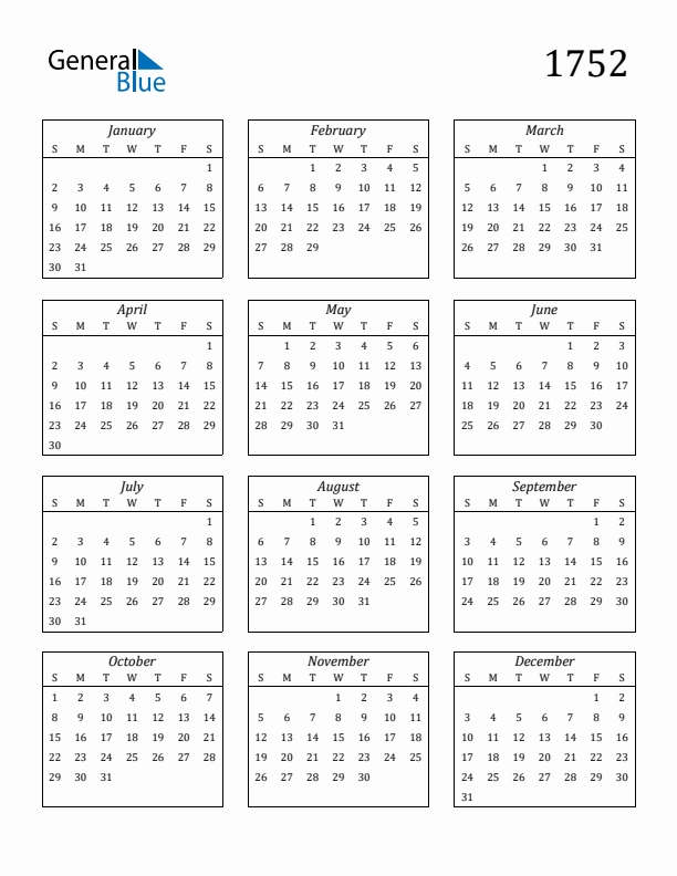 1752 Calendar (PDF Word Excel)
