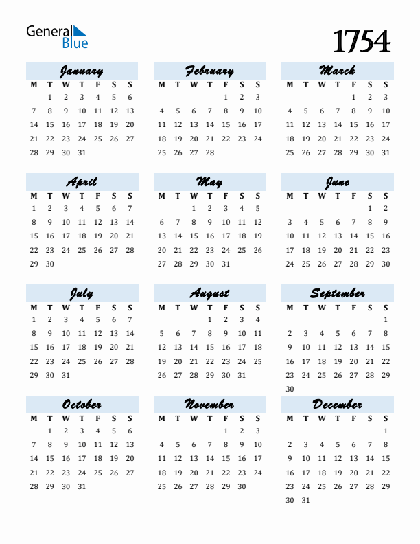 Calendar 1754 Free Download and Print