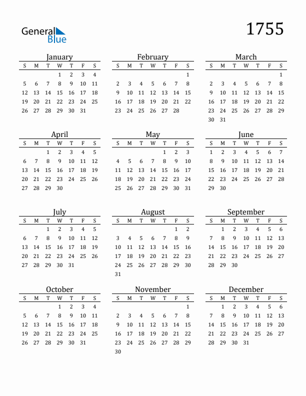 Free Printable Calendar 1755 with Sunday Start