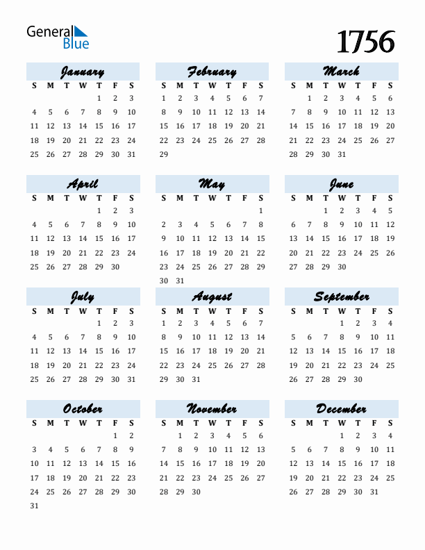 Calendar 1756 Free Download and Print