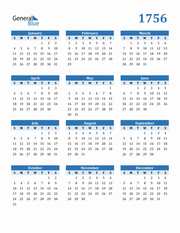 1756 Year Calendar with Sunday Start