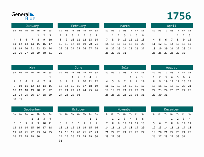 Downloadable 1756 Calendar