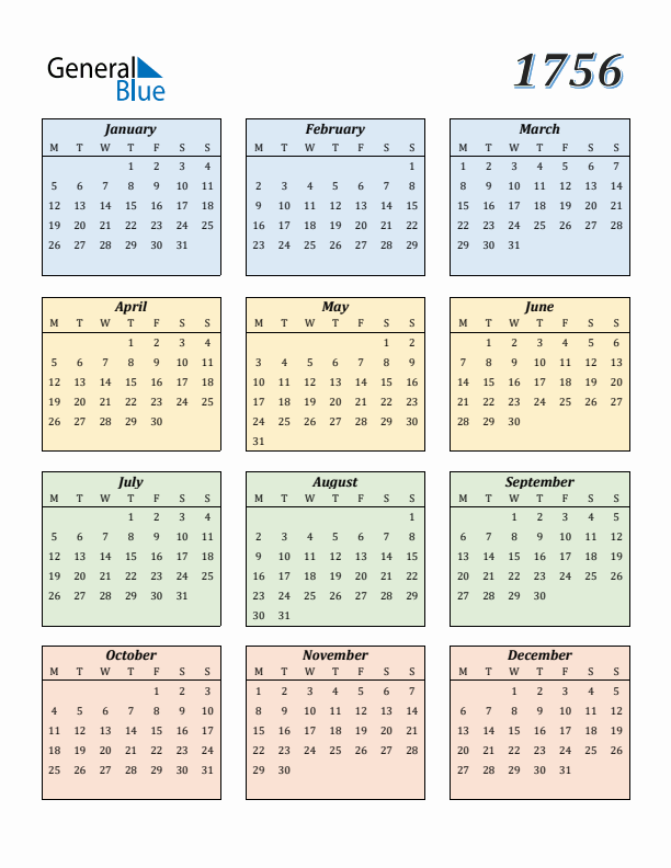 Calendar for 1756 (Monday Start)