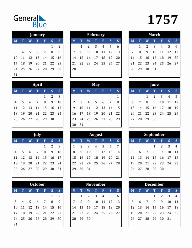 Editable Calendar 1757 - Monday Start