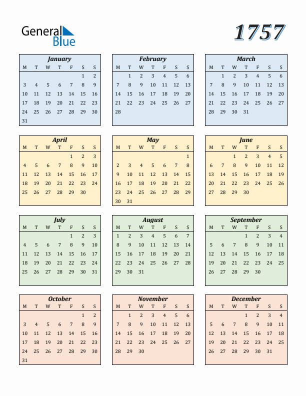 Calendar for 1757 (Monday Start)