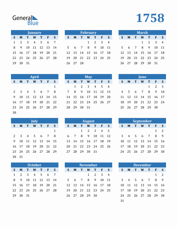 1758 Year Calendar with Sunday Start