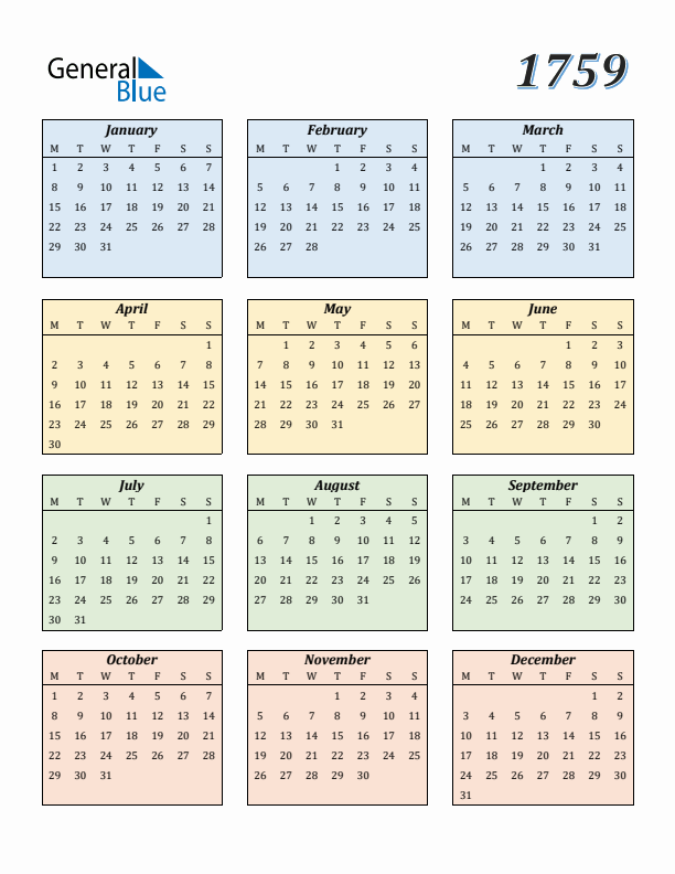 Calendar for 1759 (Monday Start)