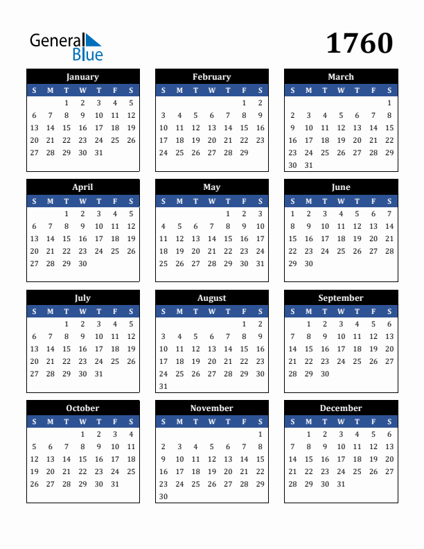 Editable Calendar 1760 - Sunday Start