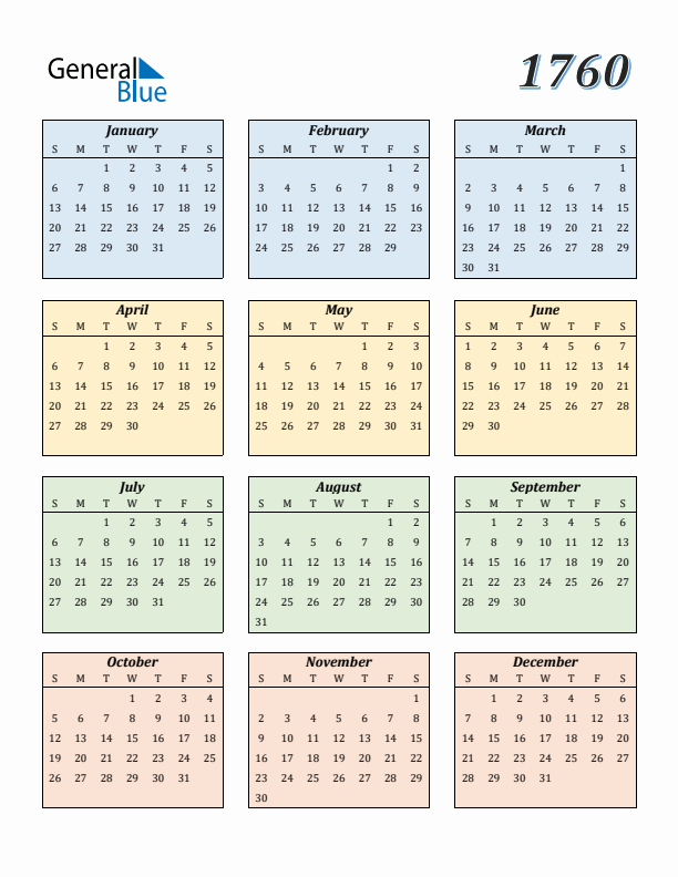 Calendar for 1760 (Sunday Start)
