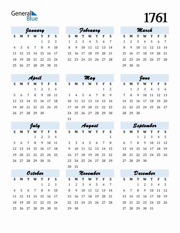 Calendar 1761 Free Download and Print
