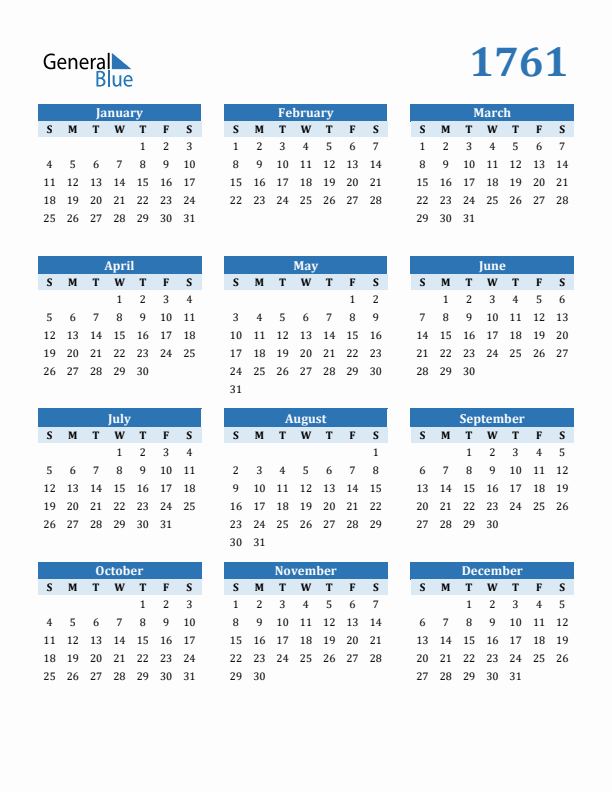 1761 Year Calendar with Sunday Start