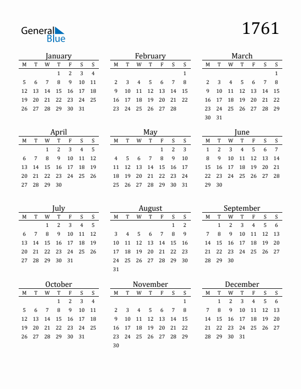 Free Printable Calendar 1761 with Monday Start