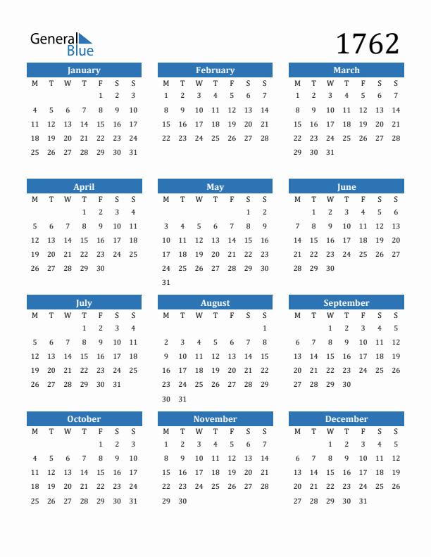 1762 Calendar