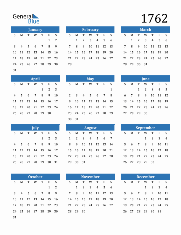 1762 Calendar