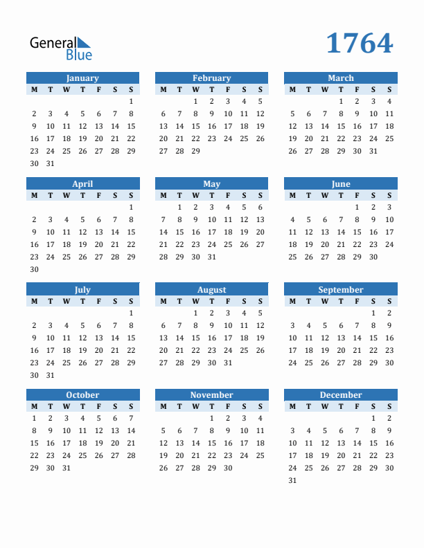 1764 Year Calendar with Monday Start