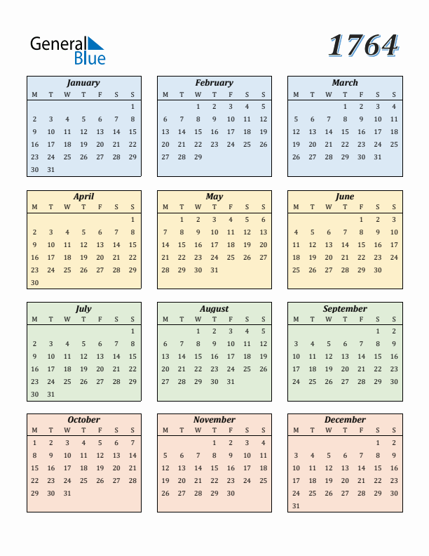 Calendar for 1764 (Monday Start)