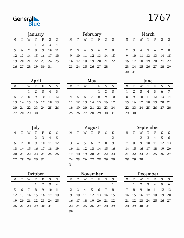Free Printable Calendar 1767 with Monday Start