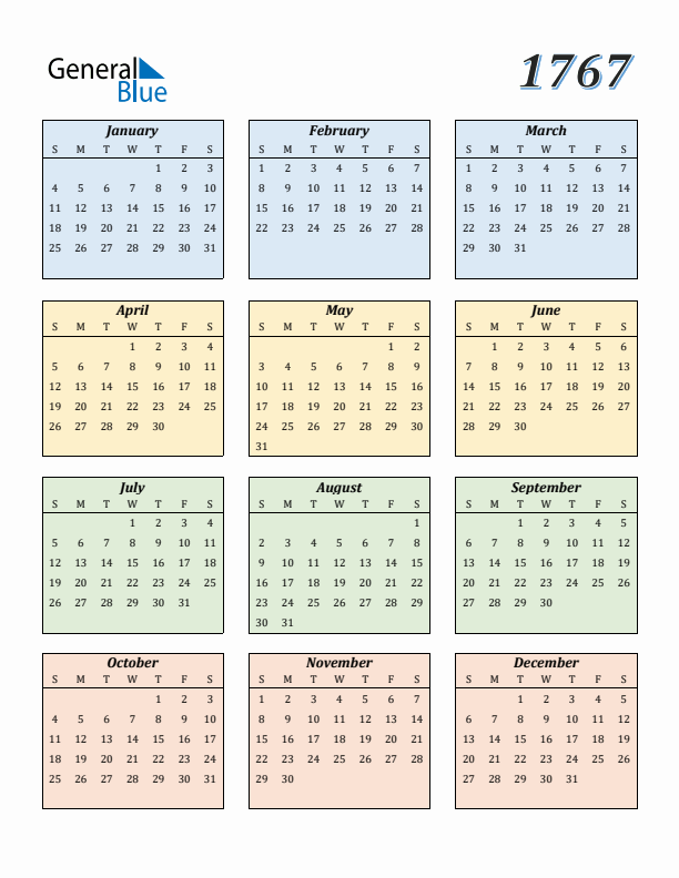 Calendar for 1767 (Sunday Start)