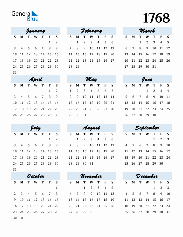 Calendar 1768 Free Download and Print