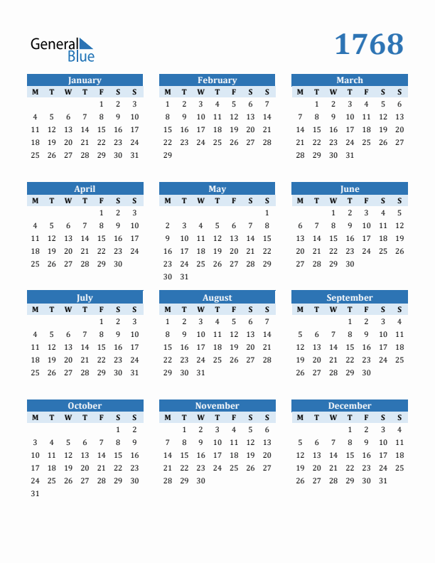 1768 Year Calendar with Monday Start