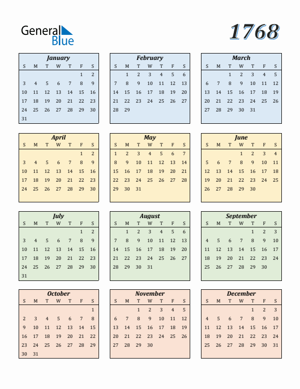 Calendar for 1768 (Sunday Start)