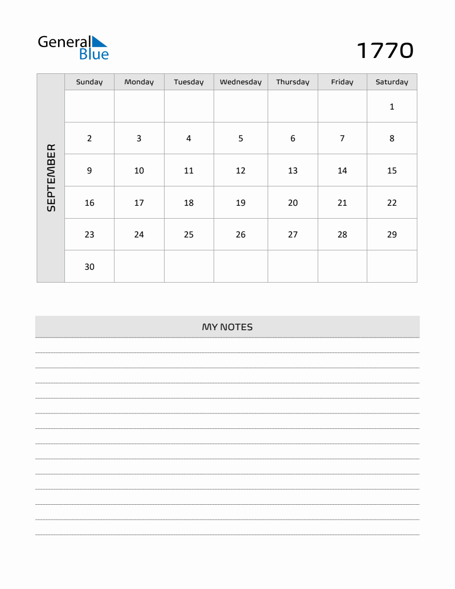 September 1770 Printable Monthly Calendar with Notes